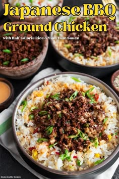 japanese bbq ground chicken served in bowls with rice and green onion garnish