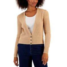 Charter Club Adds Sophisticated Style To Your Wardrobe With This Open-Knit Cardigan Sweater, Featuring A Scalloped Trim At The Neckline. Approx. Model Height Is 5'10" And She Is Wearing A Size Medium Fitted: Approx. 21" Long Due To Generous Sizing, We Suggest Sizing Down For The Perfect Fit V-Neck; Triple-Button Closures At Hem; Ribbed Hem And Cuffs Scalloped Trim At Neckline; Open-Knit Detail Throughout Cotton/Acrylic Machine Washable Imported Chic Fitted Pointelle Knit Cardigan, Elegant Pointelle Knit Spring Cardigan, Elegant Pointelle Knit Cardigan For Spring, Elegant Open Knit Sweater For Spring, Fitted Pointelle Knit Cardigan, Fitted Textured Knit Cardigan, Spring Fitted Textured Knit Cardigan, Spring Textured Knit Fitted Cardigan, Elegant Spring Knit Cardigan