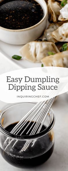 dumplings with dipping sauce in a bowl on a white plate and spoon next to them