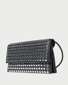 Hand-sewn flap shoulder bag in black nappa leather with silver studs. Features a removable strap, an interior zippered pocket, and exterior metal logo plaque. Loeffler Randall Bag, Silver Shoulder Bag, Modern Shoes, Flap Shoulder Bag, Kinds Of Shoes, Loeffler Randall, Fall Shoes, Metal Logo, Metallic Logo