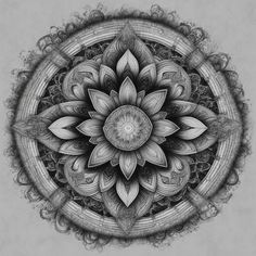 a drawing of a flower in black and white, with an intricate design on the center