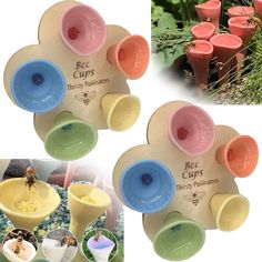 the bee cups are designed to look like they have been made from clay and plastic