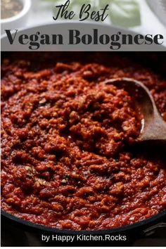 the best vegan bologinese recipe in a skillet with a wooden spoon