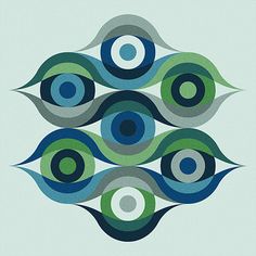 an abstract painting with blue, green and white circles