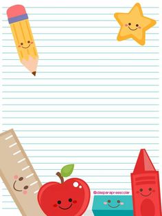 an apple, pencils and stars on lined paper