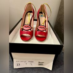 Size 38 Size, Fits 7.5 To 8 , Color Red Gucci Red Heels With Branded Heel Counter, Gucci Luxury Heels With Red Sole, Gucci Leather Heels With Red Sole, Gucci Red Leather Heels, Red Gucci Leather Heels, Luxury Gucci Heels With Red Sole, Gucci Red Heels For Evening, Red Gucci Heels For Evening, Designer Flat Heels With Red Sole