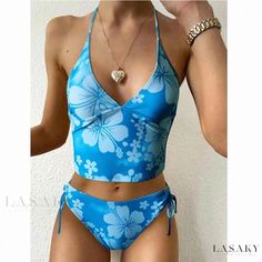 Lasaky - High-Waisted Bikini with Sexy Print and Separate Top and Bottom Cute Aesthetic Swimsuit, Blue Floral Swimsuit, Beach Tops For Women, Cute Floral Bikinis, Cute Swimsuit Aesthetic, Flower Swimsuits, Floral Beach Outfit, Cute Swimwear Bikinis, Hibiscus Tankini