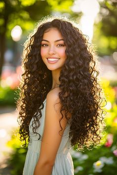 Transform your look with these stunning long curly hairstyles that exude elegance and flair. Perfect for any occasion, these luscious curls frame your face beautifully, adding texture and volume. Whether you prefer loose, beachy waves or defined, bouncy spirals, long curls can make a striking statement. Embrace your natural beauty and let your curls shine with confidence! Senior Pictures Hairstyles Curly Hair, Curly Hairstyles Volume, Long Loose Curly Hair, Loose Spiral Perm Long Hair, Long Hair Curls Styles, Bouncy Curls Long Hair, Different Perm Curls, Hairstyles For Oblong Faces, Perm Inspiration