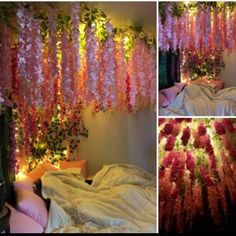 the flowers are hanging from the ceiling above the bed and on the wall in the room