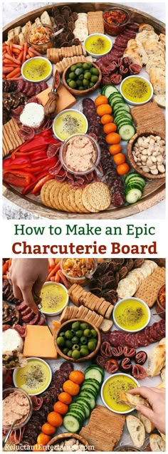 the cover of how to make an epic charcuterie board with pictures of different foods