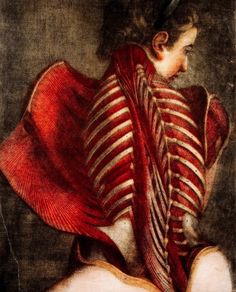 a painting of a woman with her back turned to the side, wearing a red scarf