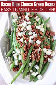 green beans with pecans, feta cheese and walnuts in a white bowl