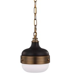 an antique brass and white pendant light with chain hanging from the bottom, on a white background