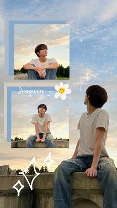 two people sitting next to each other on top of a cement wall with the sky in the background