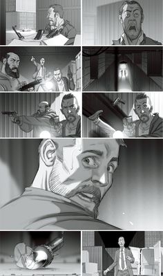 an animation storyboard with many different scenes in the same scene, including a man holding a