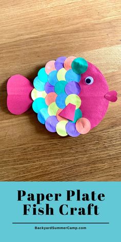 paper plate fish craft for kids on a wooden table with text overlay that says paper plate fish craft