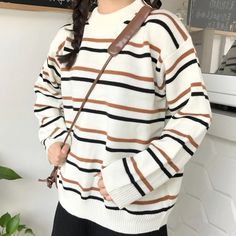 Beautiful Simple Stripe Sweater Casual Comfortable Sweater It Will Be Your Favorite Sunday Night Sweater White Casual Everyday Sweater, Casual White Everyday Sweater, Stripe Knit Sweater, Blue Bra, Sweater Brown, White Crew Neck, Black Yoga, Crop Top Bra, Sweater Womens