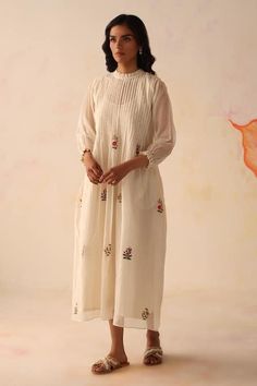 Buy Ivory Dress Chanderi Hand Embroidered Flowers Khubani With Slip For Women by Begum Pret Online at Aza Fashions. Chanderi Dress, Flowers Dress, Hand Embroidered Flowers, Ivory Dress, Ivory Flowers, Ivory Dresses, 3d Flowers, Puffed Sleeves, Women Dresses