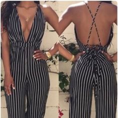 This Romper Has A Very Low V-Neck Back Out Very Flattering And Comfortable To Wear Black V-neck Jumpsuits For Summer, Casual V-neck Jumpsuits And Rompers For Party, Backless Black Jumpsuits And Rompers For Spring, Black Backless Jumpsuits And Rompers For Spring, Black Backless Jumpsuit For Spring, Black V-neck Jumpsuits And Rompers For Spring, Black V-neck Summer Jumpsuits And Rompers, Summer V-neck Fitted Jumpsuits And Rompers, Striped Fitted V-neck Jumpsuit