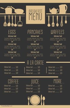 the menu for breakfast is shown with utensils and spoons on it's side