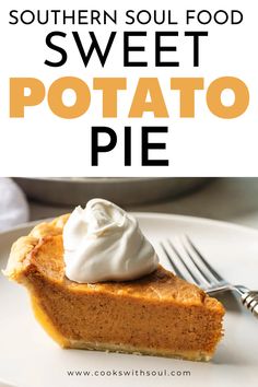 a slice of sweet potato pie on a white plate with whipped cream in the middle