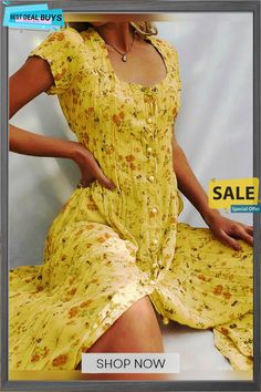 Floral Short Sleeve Dress Buttoned Beach Dress, Summer A-line Dresses With Buttons, Yellow Floral Print Non-stretch Dress, Flowy Buttoned Dress For Garden Party, Casual Yellow A-line Midi Dress, Casual Maxi Length Floral Dress, Spring Midi Dress With Buttons, Fitted Casual Floral Maxi Dress, Fitted Casual Maxi Floral Dress