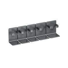 four gray metal wall mounted hooks on a white background