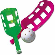 two plastic paddles and a white ball on a white background, one is pink and the other is green