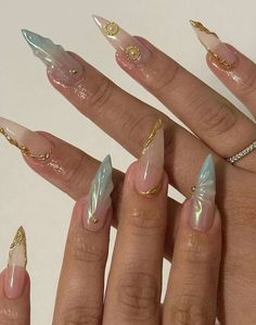 #fashion #aesthetic #nails #nailart Tulum Inspired Nails, Virgo Aesthetic Nails, Textured Nails Acrylic, Gold Fairy Nails, Stiletto Vacation Nails, Summer Gold Nails, Siren Nails Aesthetic, Dope Nail Designs Almond, Mythical Nails