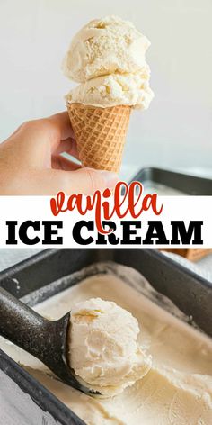 vanilla ice cream in a pan with a spoon and text overlay that reads vanilla ice cream