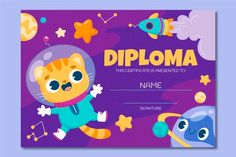 a certificate with an image of a cat in space and other objects on it, as well as the words diploma