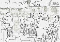 a black and white drawing of people sitting at tables in front of a sign that says glory