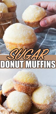 sugar donut muffins are stacked on top of each other with the words sugar donut muffins above them