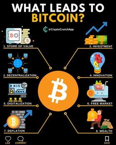 what leads to bitcoin? info poster with icons and text on black background