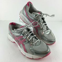 Asics Women's Gel Contend Shoes Size 11 Silver, Pink, White Lace Up Running Shoe Code:  T2N8Q *Props And Shoe Trees Not Included Asics Sneakers With Perforations For Sports, Asics Sneakers With Perforations For Running, Asics Running Sneakers With Perforations, Asics Sneakers With Perforations For Streetwear, Asics Pink Running Shoes For Streetwear, Pink Asics Running Shoes For Streetwear, Asics Gel Venture, Asics Women Gel, Sneakers Womens