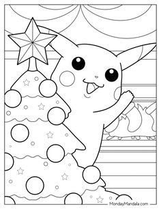 a coloring page with a cartoon pikachu holding a christmas tree