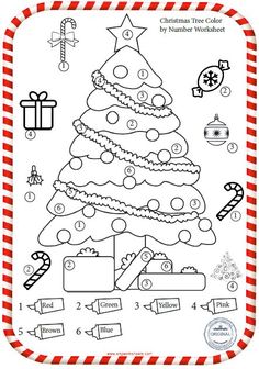 christmas tree color by number worksheet for kids to practice counting and matching numbers