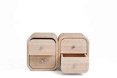 two wooden nightstands with one drawer open and the other closed, on a white background