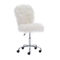 a white office chair with wheels and a furry seat cover on it's back