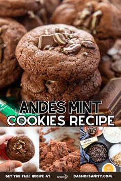 an advertisement for cookies with chocolate chips on top and in the background, there is a collage of photos