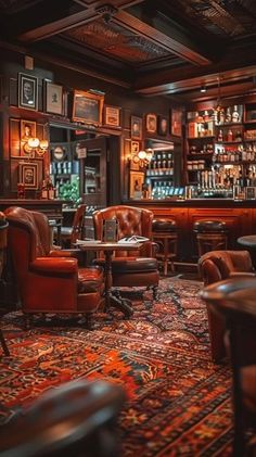 a bar with leather chairs, tables and pictures on the wall above it's shelves