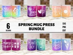 six coffee mugs with the words spring muc - press bundle in different colors