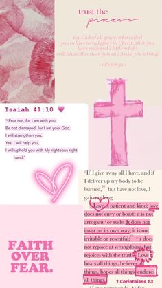 pink and white collage with the words faith over fear, trust for love and hope