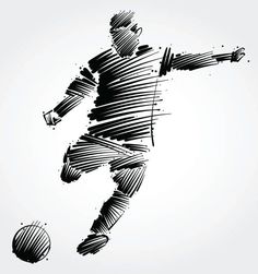 a soccer player kicking the ball with grungy lines and dots in black on a white background