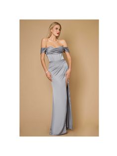 The stunning Dylan & Davids Corset Satin Formal Evening Dress will elevate your evening. Made of luxurious satin, this dress exudes elegance and sophistication with its fitting sweetheart neckline and flowing train. Off-the-shoulder sleeves that are detachable provide versatility for a range of events. This dress makes sure you stand out with grace and flair, making it ideal for weddings, cocktail parties, or any evening event. Make a statement in this alluring ensemble for prom, a formal functi Corset Satin Dress Long, Grey Long Formal Dress, Corset Satin Dress, Satin Evening Dress, Long Formal Dress, Satin Dress Long, Satin Evening Dresses, Formal Evening Dress, Dress Silver