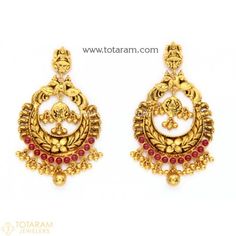 22K Gold 'Lakshmi Peacock' Drop Earrings (Chand Bali) With Beads (Temple Jewellery) - 235-GER8658 - Buy this Latest Indian Gold Jewelry Design in 15.350 Grams for a low price of $854.57 Yellow Gold Chandbali Earrings, Red Temple Jewelry Earrings, Temple Jewelry Style Drop Plug Earrings, Temple Jewelry Dangle Earrings, Pierced Dangle Temple Jewelry Earrings, Pierced Chandbali Chandelier Earrings, Indian Gold Jewellery Design, Temple Jewellery Earrings, Indian Diamond Jewellery