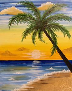 a painting of a palm tree on the beach