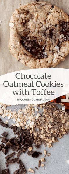 chocolate oatmeal cookies with toffee on top and in the background