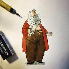 a drawing of an old man with a beard and long white hair wearing brown pants