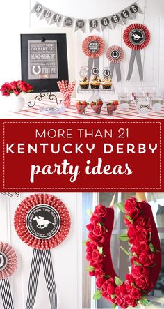 kentucky derby party with red flowers and decorations on the table, and more than 21 kentucky derby party ideas